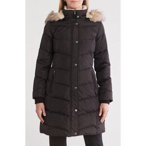 Lauren Ralph Lauren womens Large Black Down Puffer Coat Faux Fur Hooded Jacket